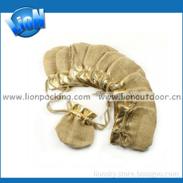 Jute Burlap Drawstring Pouch with Metal Fabric Polyester